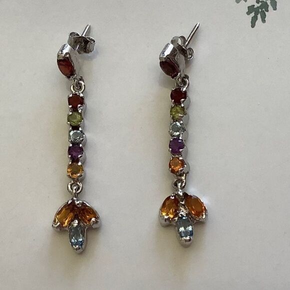 STERLING SILVER GEMS BLUE/GREEN/PURPLE MULTISTONES STUD EARRINGS - Picture 2 of 8